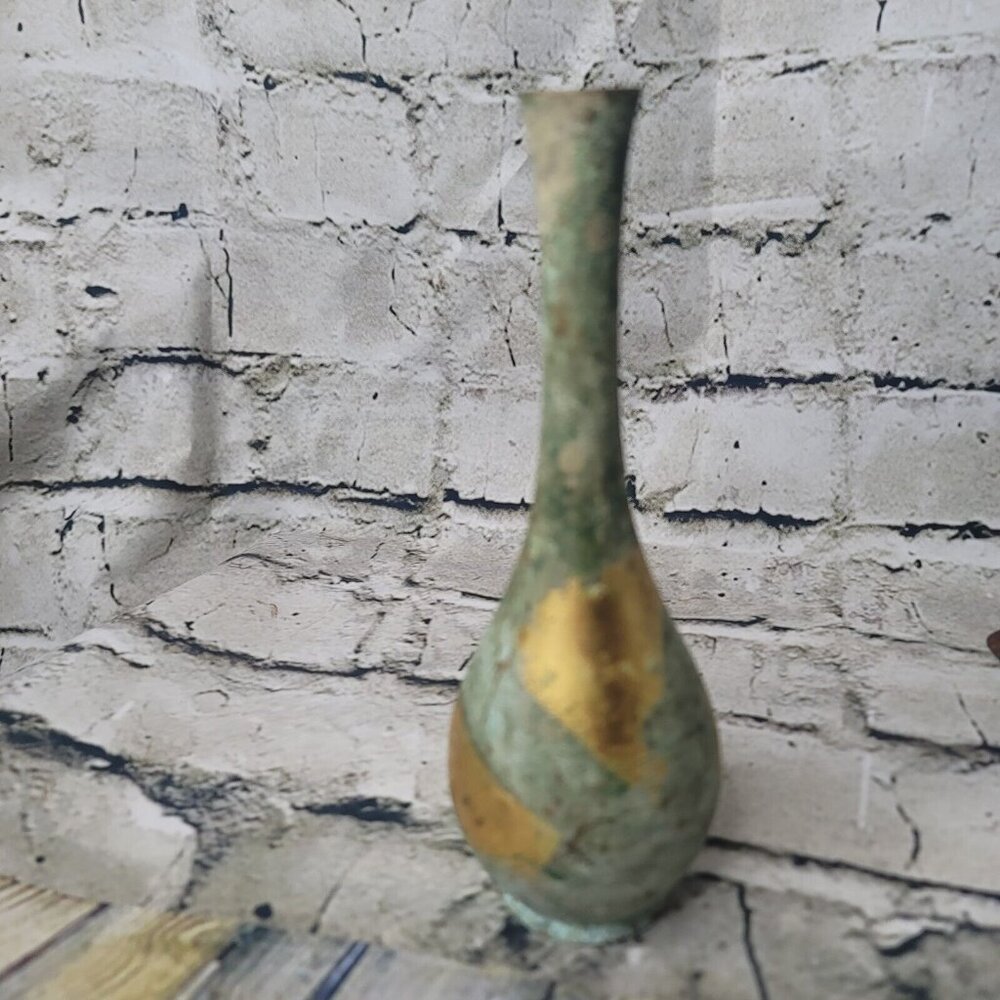 Vintage MCM Toyo Japanese Bronze Bud Vase Blue Green Patina Japan Ikebana 7.25"